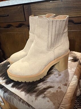 Suede Chunky Heel Ankle Boots - Cream